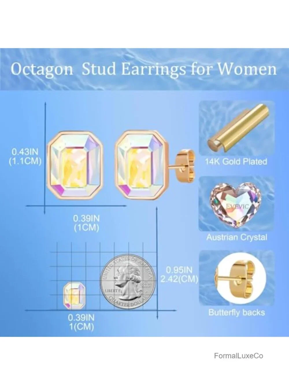 Austrian Crystal Stud Earrings 14K Gold Plated S925 Sterling Silver